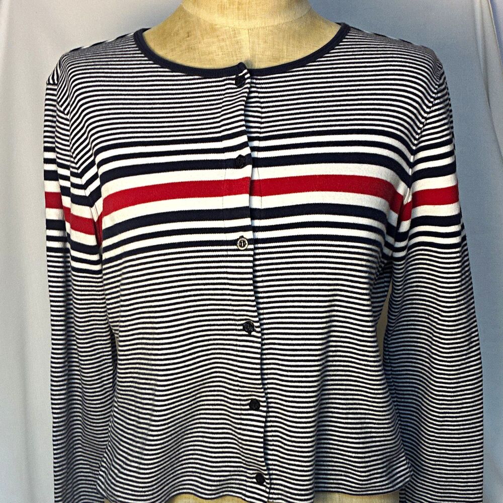 Norton Studio Women’s M Navy/White/Red Striped Button Front Cotton Cardigan